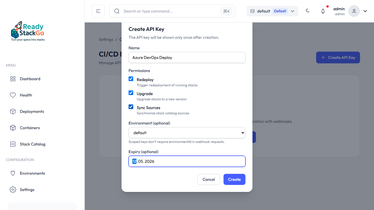 Create API Key Modal mit ausgefülltem Formular