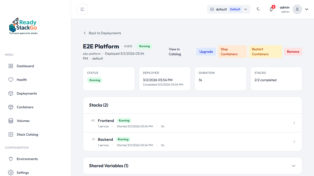 Stop und Restart Links auf der Product Deployment Detailseite