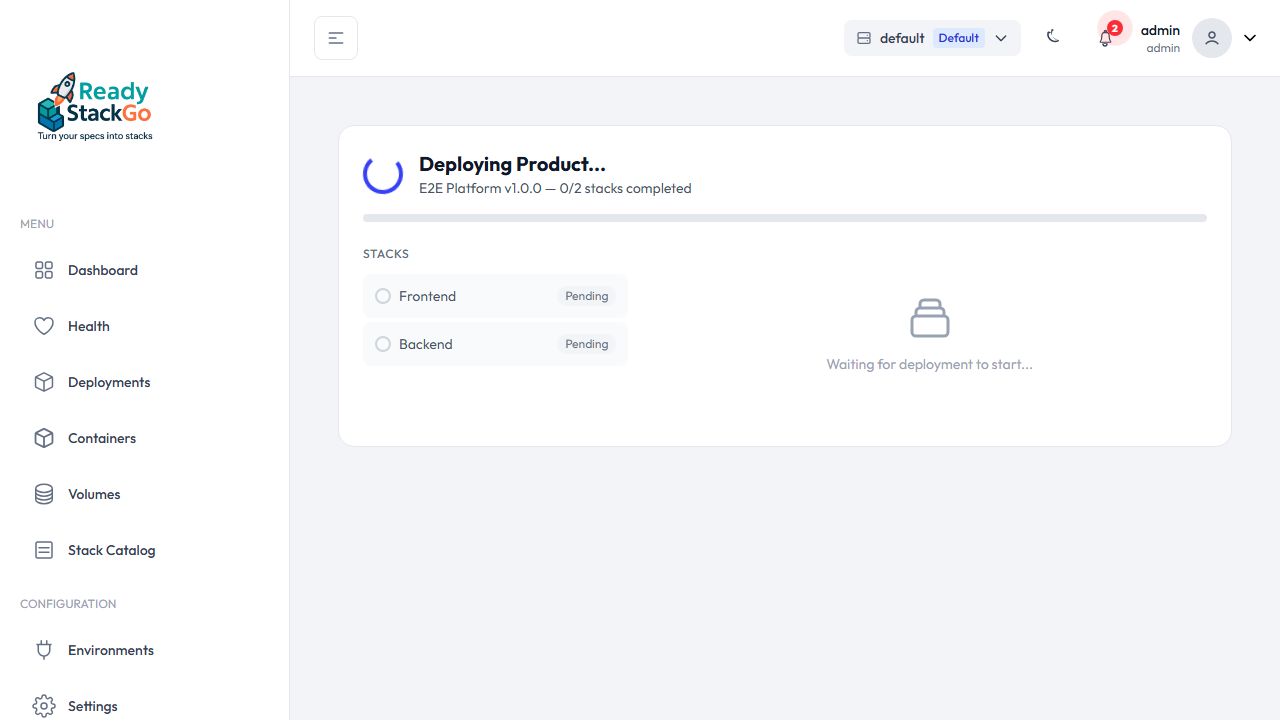 Split-View Deployment-Fortschritt mit Stack-Liste und Detail-Panel