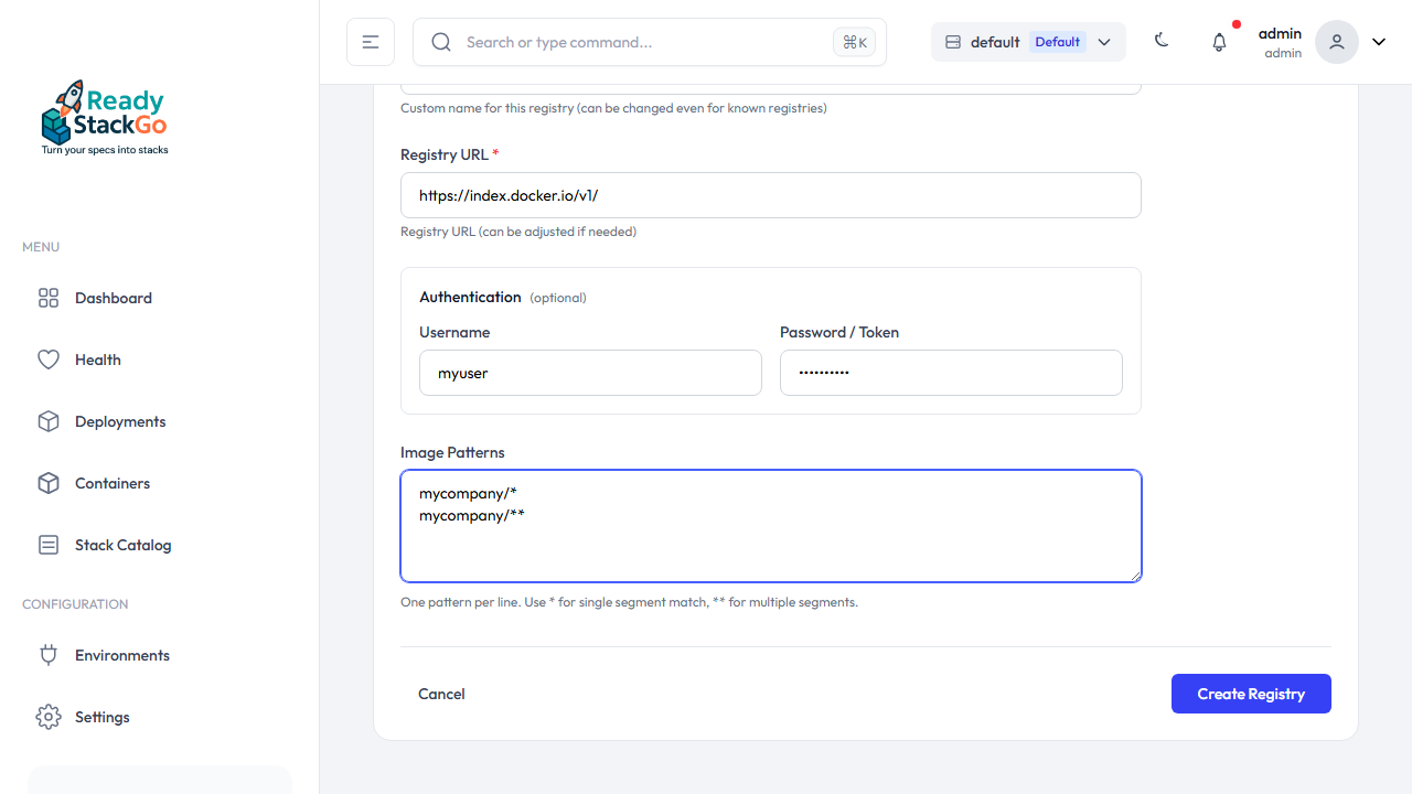 Registry-Formular mit Docker Hub und Credentials ausgefüllt
