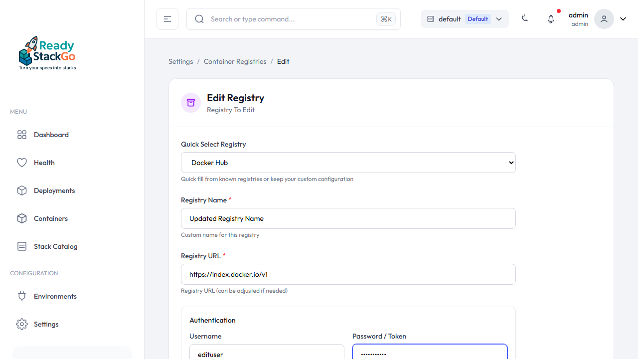 Edit-Formular einer Registry mit geänderten Daten