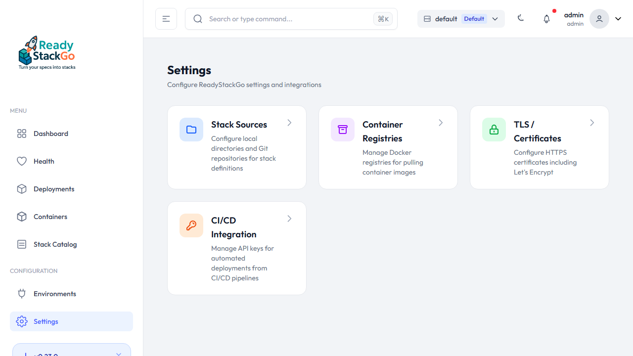 Settings-Seite mit Stack Sources Karte