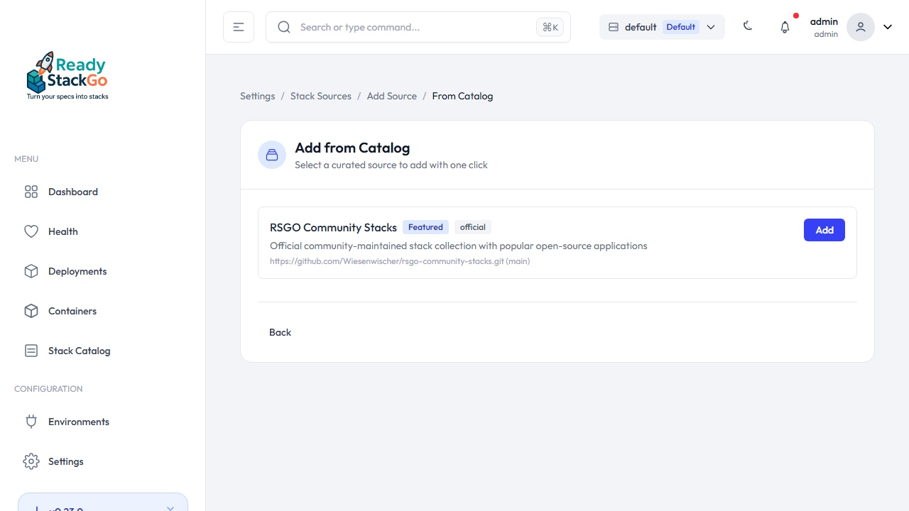 Katalog-Seite mit verfügbaren Quellen