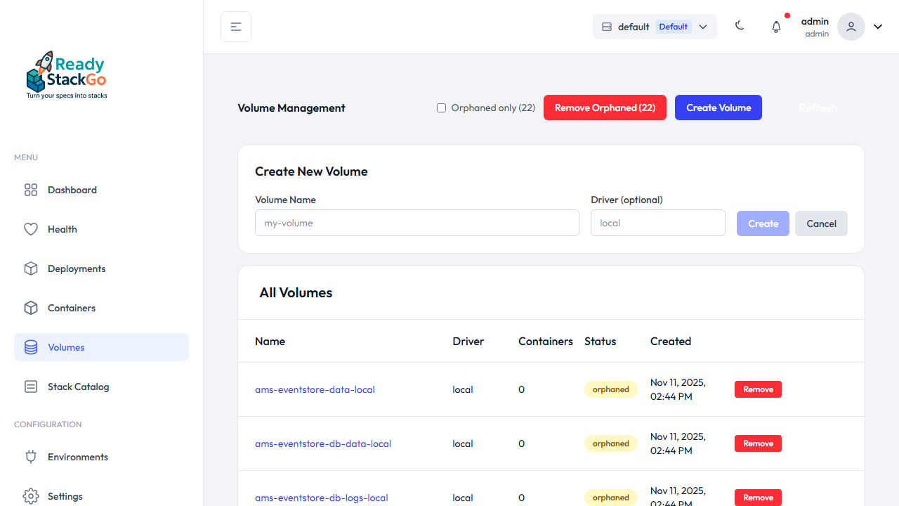 Create-Formular für ein neues Volume
