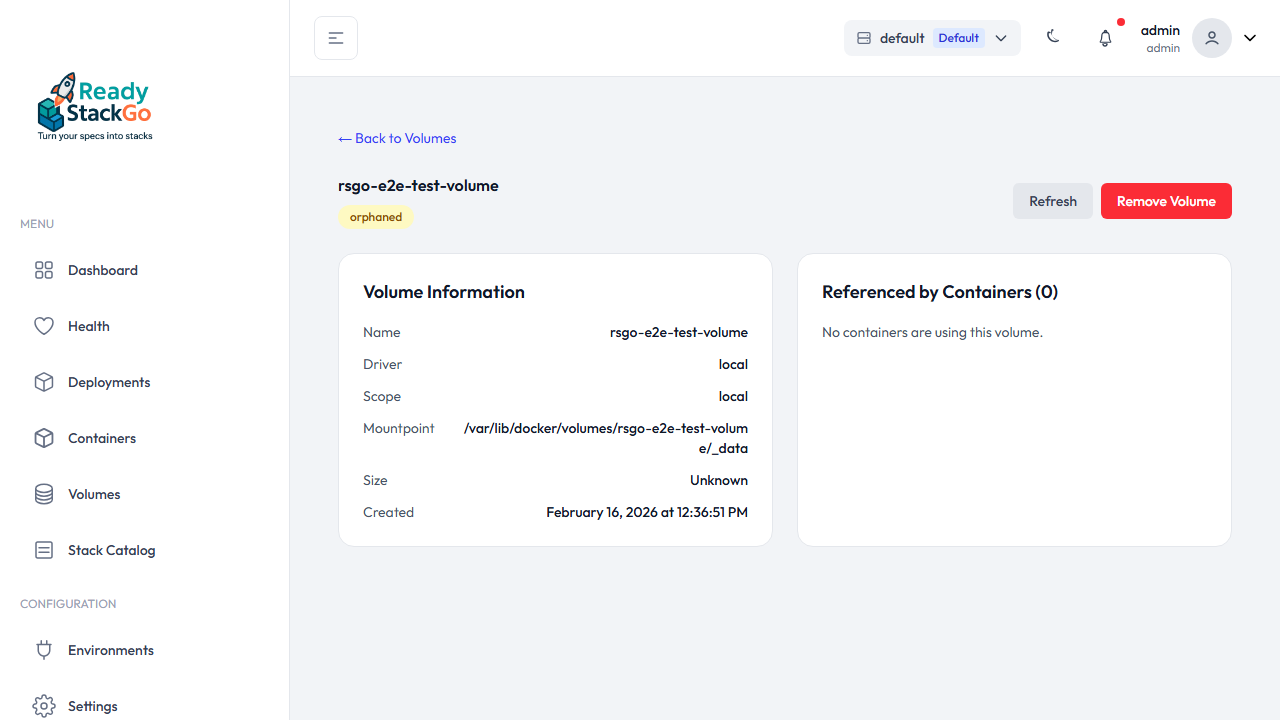 Volume-Detail-Seite mit Informationen und Container-Referenzen
